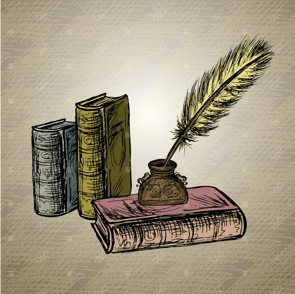 قلمدان دکوری قدیمی با پر غاز و کاغذ کهنه با نوشته - طراحی دستی وکتور