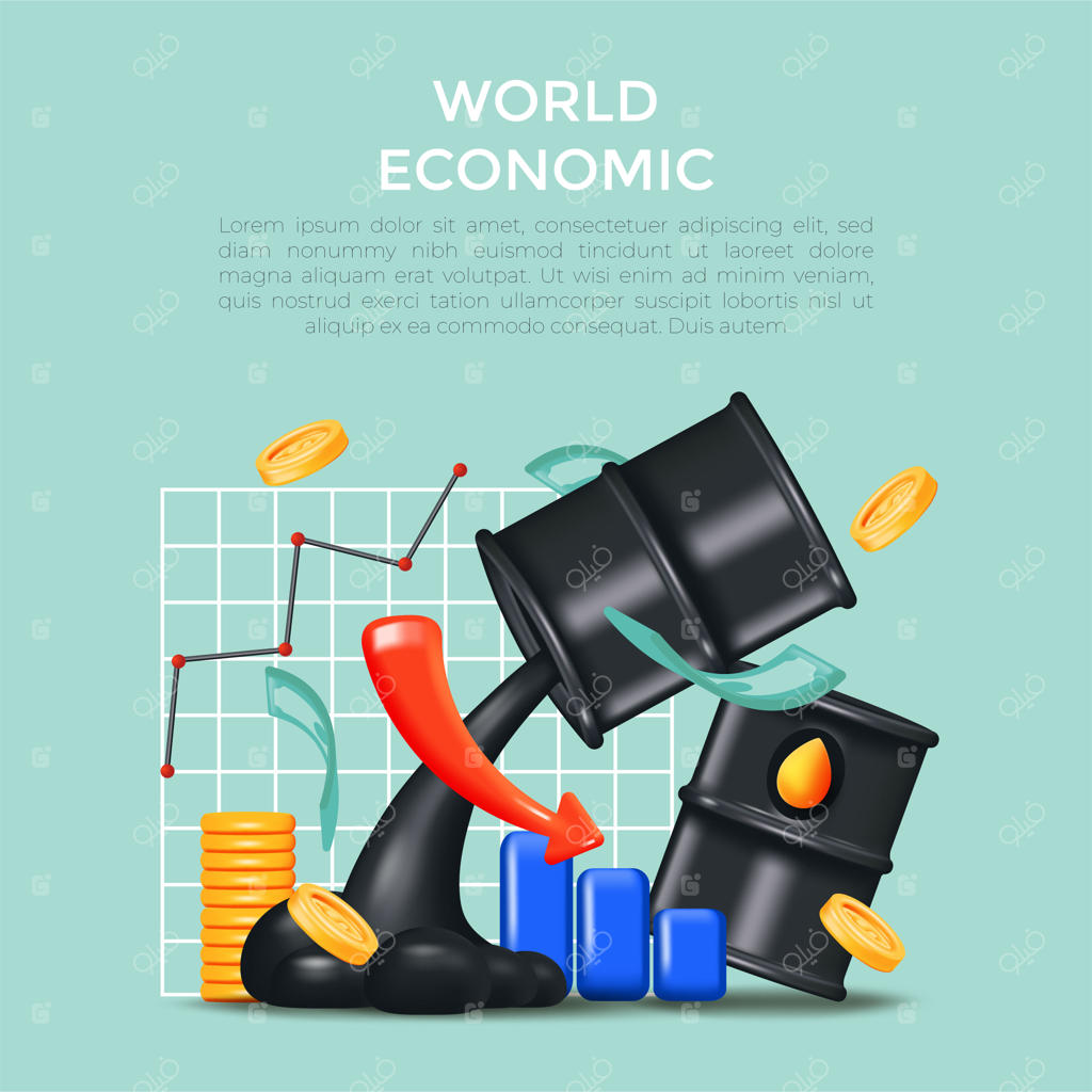 تحریم نفت: ایده خلاقانه‌ای برای اقتصاد جهانی، اخبار صنعت نفت، نمودارهای قیمت، سرمایه‌گذاری‌های مالی و سهام بورس به ازای هر بشکه - طراحی واقع‌گرایانه سه‌بعدی و تصویرسازی وکتور