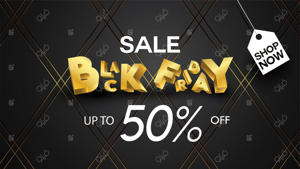 طراحی بنر فروش جمعه سیاه پس‌زمینه مشکی و طلایی با تخفیف ۵۰٪