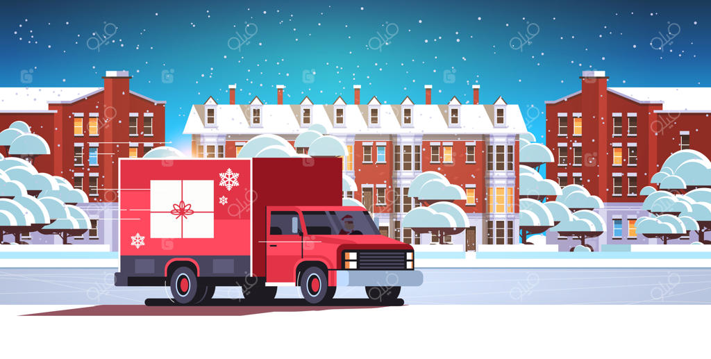 بابانوئل هنگام رانندگی با ون تحویل، جعبه‌های هدیه کریسمس را برای جشن‌های زمستانی به شهر برفی تحویل می‌دهد