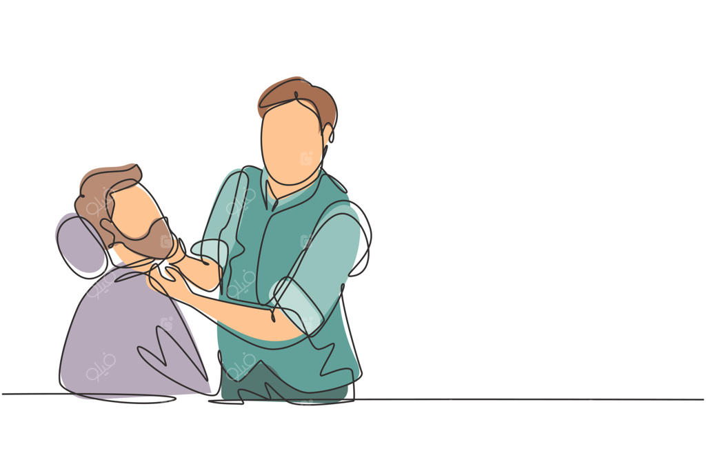 طراحی خطی مداوم از پیرایش یک مرد واقعی. نمای جانبی از مرد جوان ریش‌داری که در حال دریافت اصلاح ریش در آرایشگاه نشسته است. طراحی وکتور خطی.