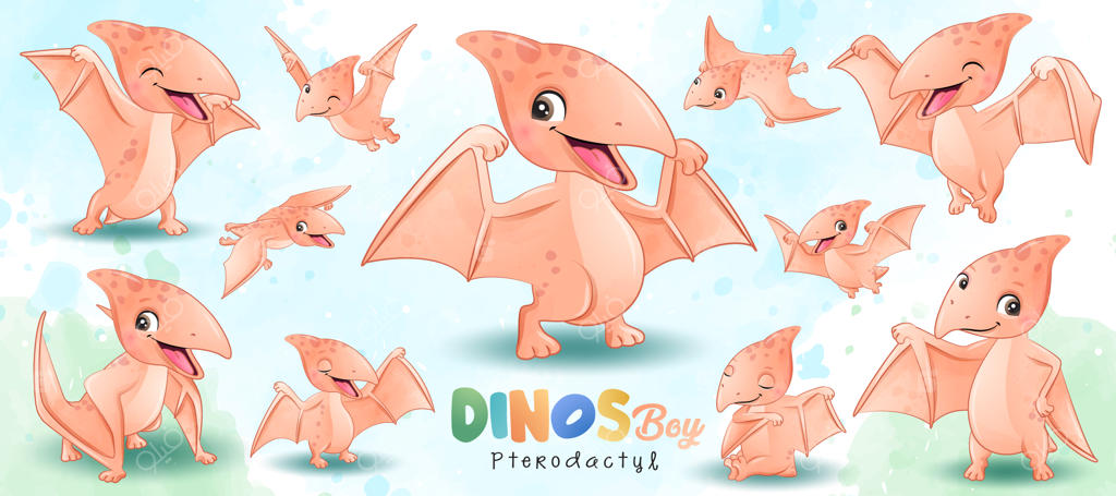 ژست‌های جذاب دایناسور کوچک با تصویرسازی آبرنگی