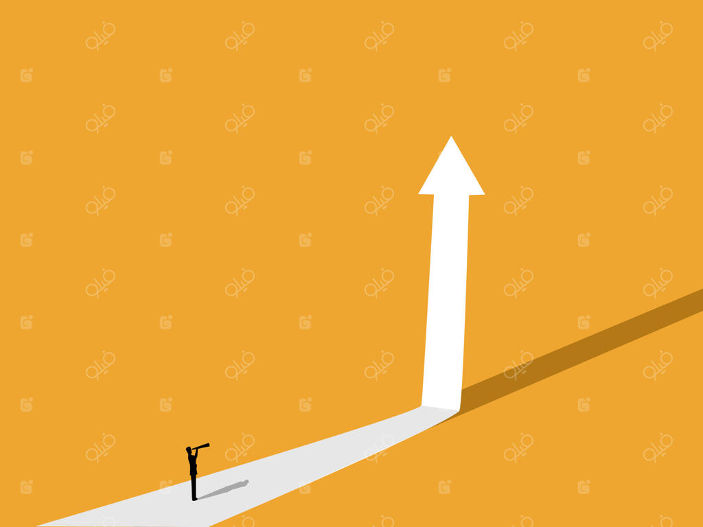 پیش‌بینی رشد: تاجر در خیابان به فلشی که به سمت بالا اشاره دارد، نگاه می‌کند