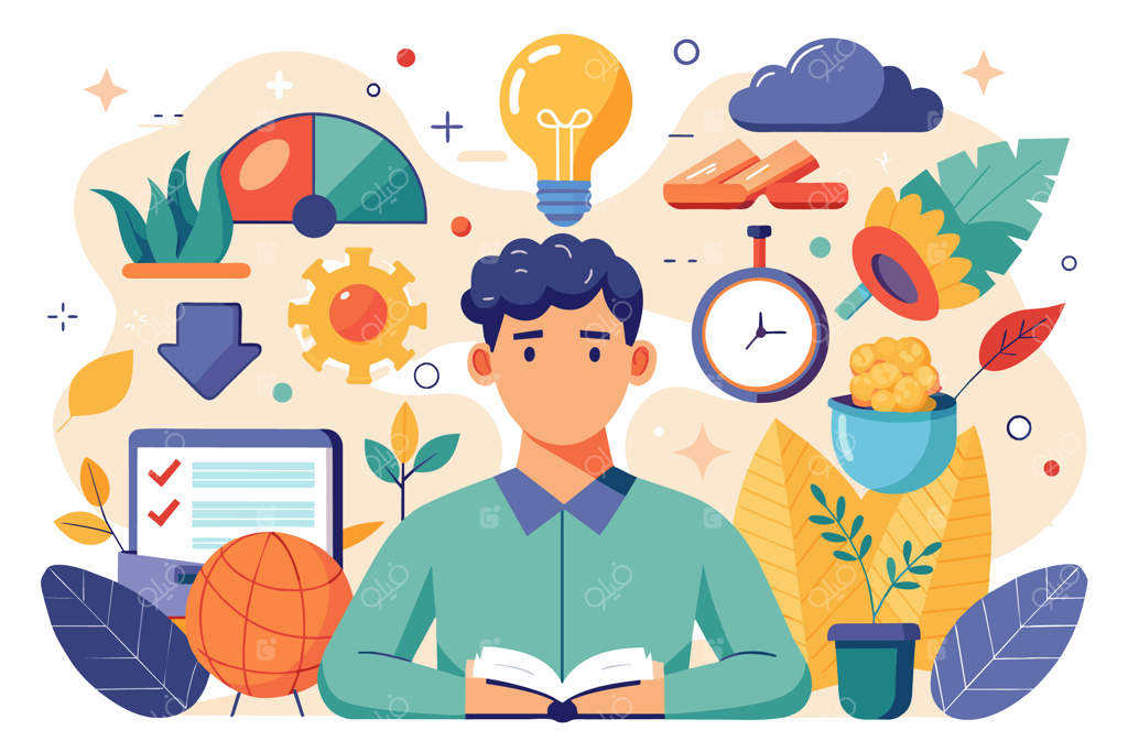 تصویر کارتونی مردی در حال مطالعه با نمادها و تصاویری رنگارنگ که مفاهیم یادگیری و رشد را نشان می‌دهند