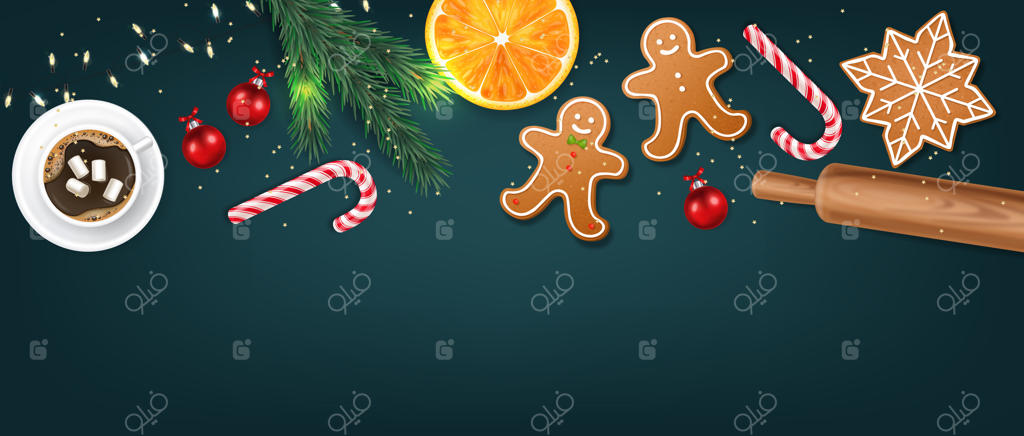 وردنه چوبی واقع‌گرایانه، پس‌زمینه آبی، عناصر خمیر و کوکی‌ها، آب‌نبات‌های کریسمسی و پرتقال، کریسمس مبارک، جشن و سرور