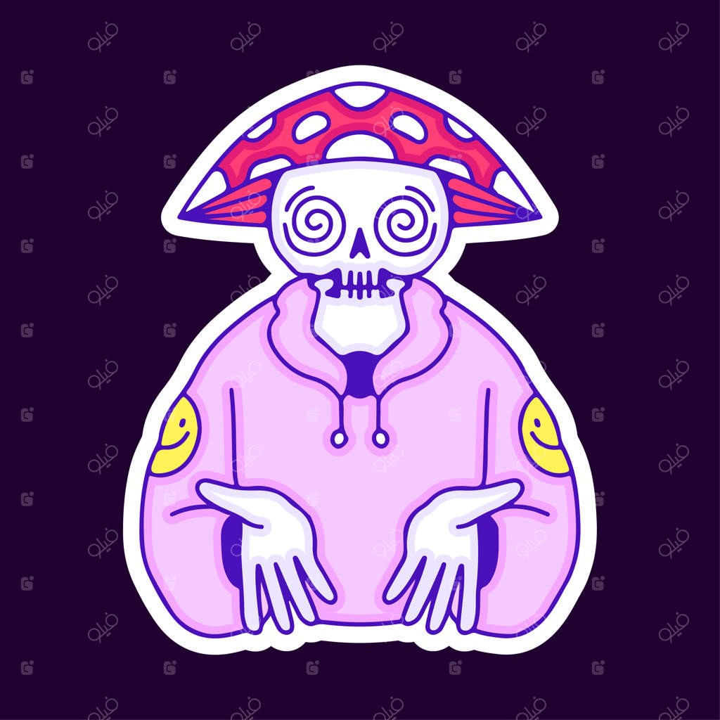 جمجمه‌ی هیجان‌زده با سویشرت و کلاه قارچی - طراحی کارتونی برای تی‌شرت، برچسب یا پوشاک.