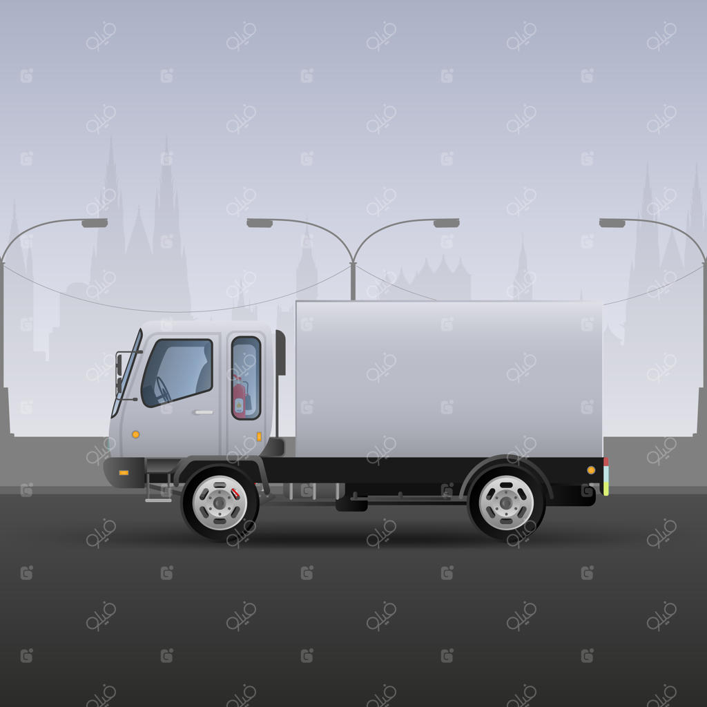 کامیون برای تحویل سریع: ترکیب واقع‌گرایانه در رنگ‌های سفید و خاکستری با پس‌زمینه شهر - تصویرسازی