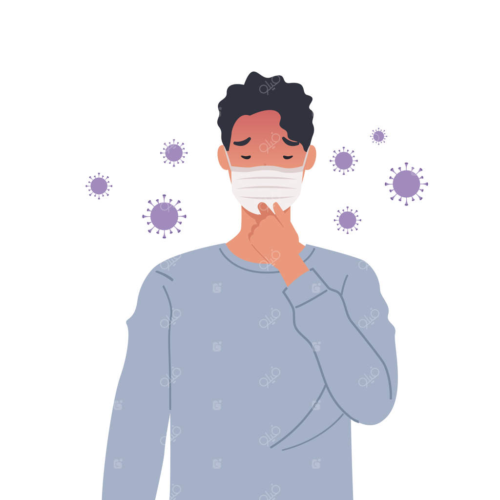 انتشار ویروس‌ها در هوا: مردی با ماسک که سرفه می‌کند. تصویرسازی با سبک ساده