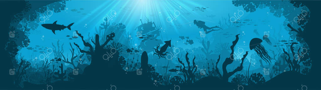 سیلوئت صخره مرجانی با ماهی‌ها و غواص روی زمینه دریای آبی