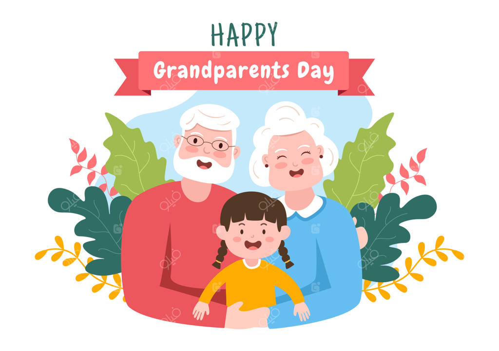 تصویرسازی کارتونی بامزه تبریک روز پدربزرگ و مادربزرگ همراه با نوه و تزیینات گل، طرح پدربزرگ و مادربزرگ به سبک فلت برای پوستر یا کارت تبریک