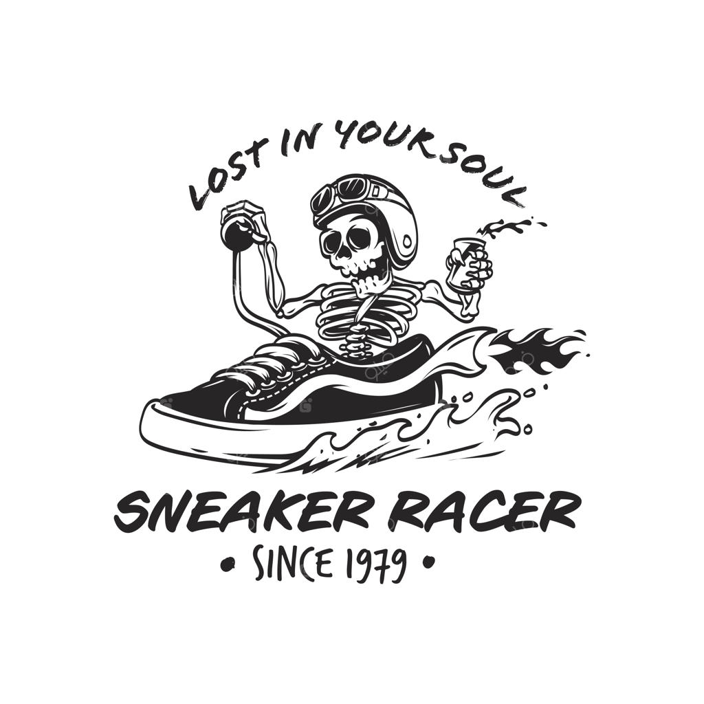طراحی لوگوی سبک رترو وینتیج با تصویر اسکلت سوار بر کفش کتانی