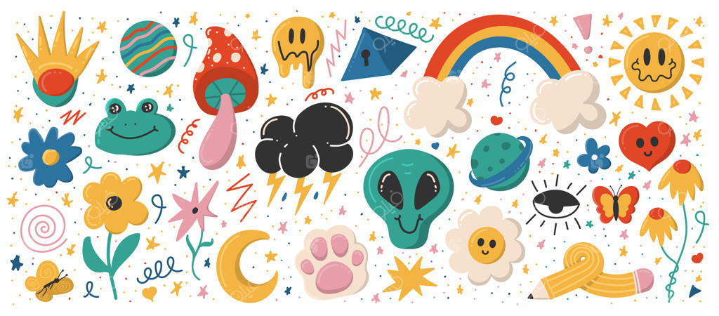 مجموعه‌ای از شخصیت‌های بامزه دست‌کشیده و عناصر هیپی با برچسب‌های رنگارنگ وینتیج