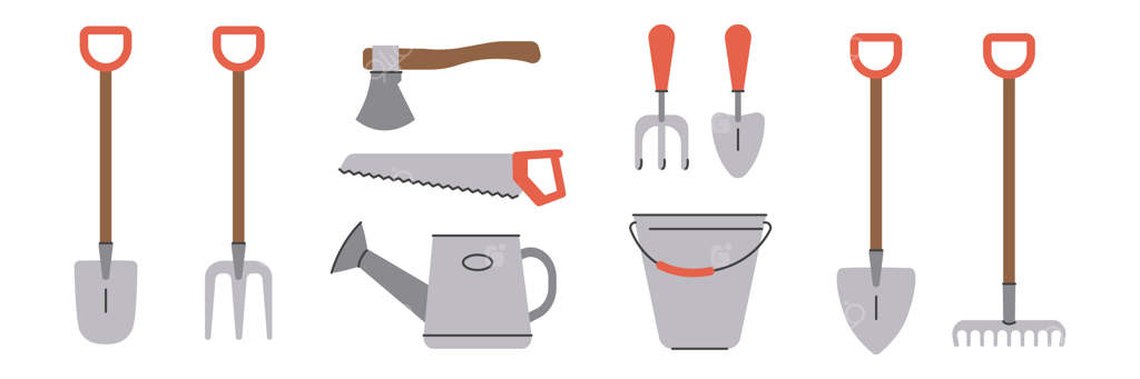 ابزار باغبانی: کارهای کشاورزی بهاری همراه با مجموعه‌ای از تصاویر flat