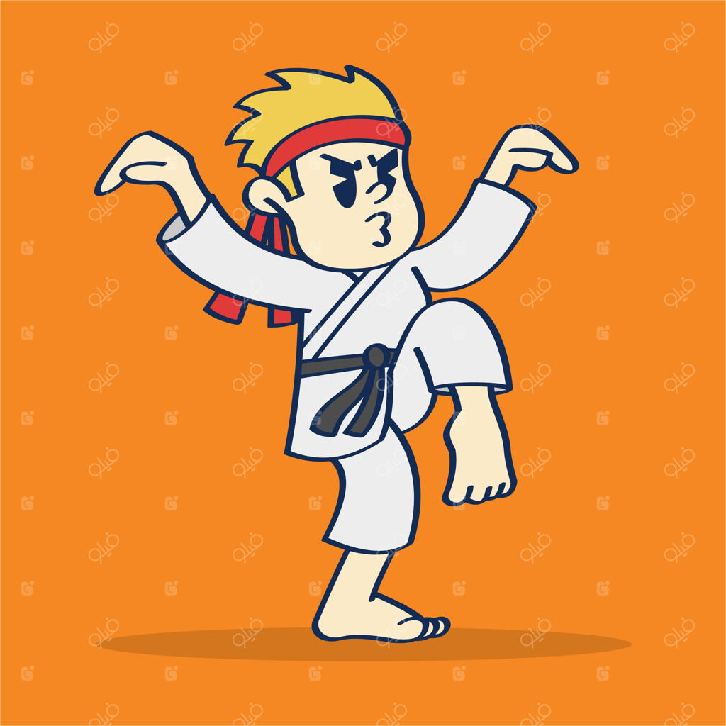 وکتور تصویرسازی کارتونی و طرح دستی پسربچه کاراته‌باز با چهره‌ای بامزه در ژست کاراته