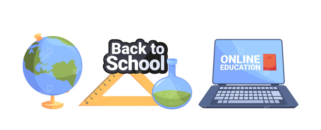 مجموعه لوازم مدرسه و ابزارهای آموزشی شامل بالن آزمایشگاهی، خط‌کش، کره جغرافیایی، لپ‌تاپ و کتاب با پس‌زمینه سفید