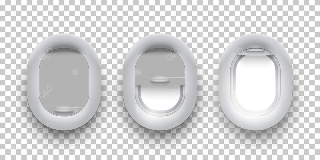 سه پنجره واقعی هواپیما با پوشش‌های باز، نیمه‌باز و بسته.