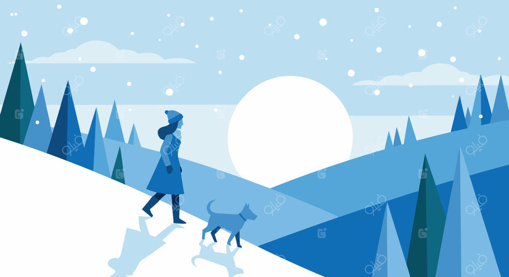 پیاده‌روی زمستانی زن و سگش و لذت بردن از منظره برفی