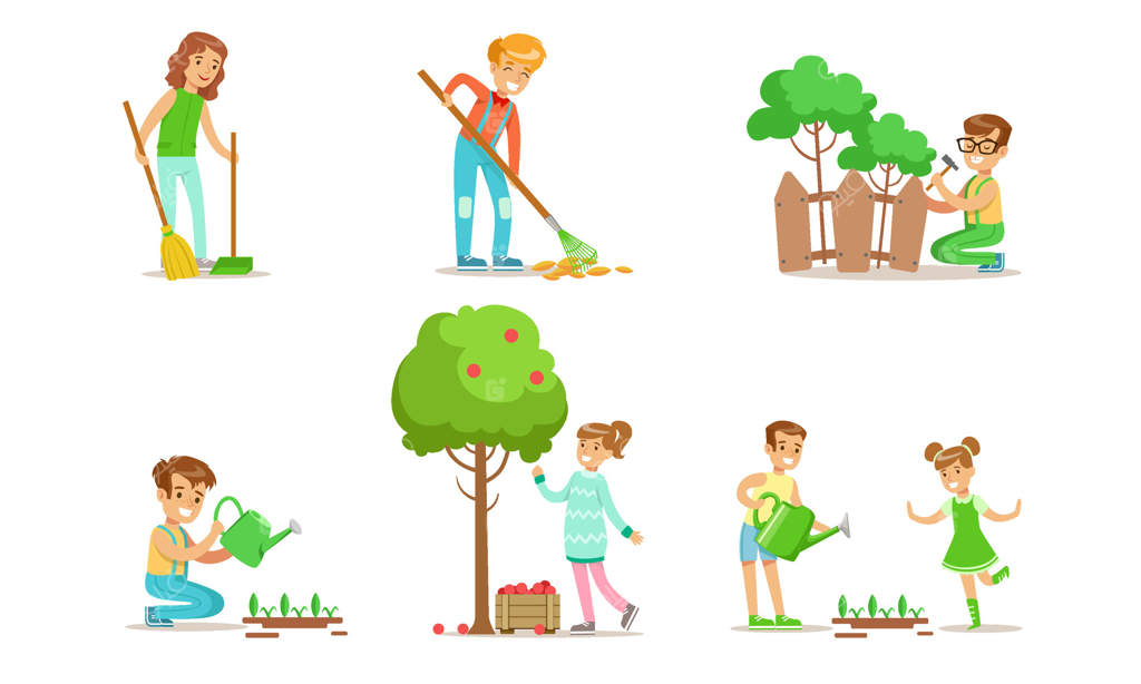 تصاویر کودکان در حال داوطلبی در باغ یا پارک: پسران و دختران نوجوان در حال آبیاری نهال‌ها، تعمیر نرده، جارو و جمع‌آوری برگ‌ها، برداشت محصول