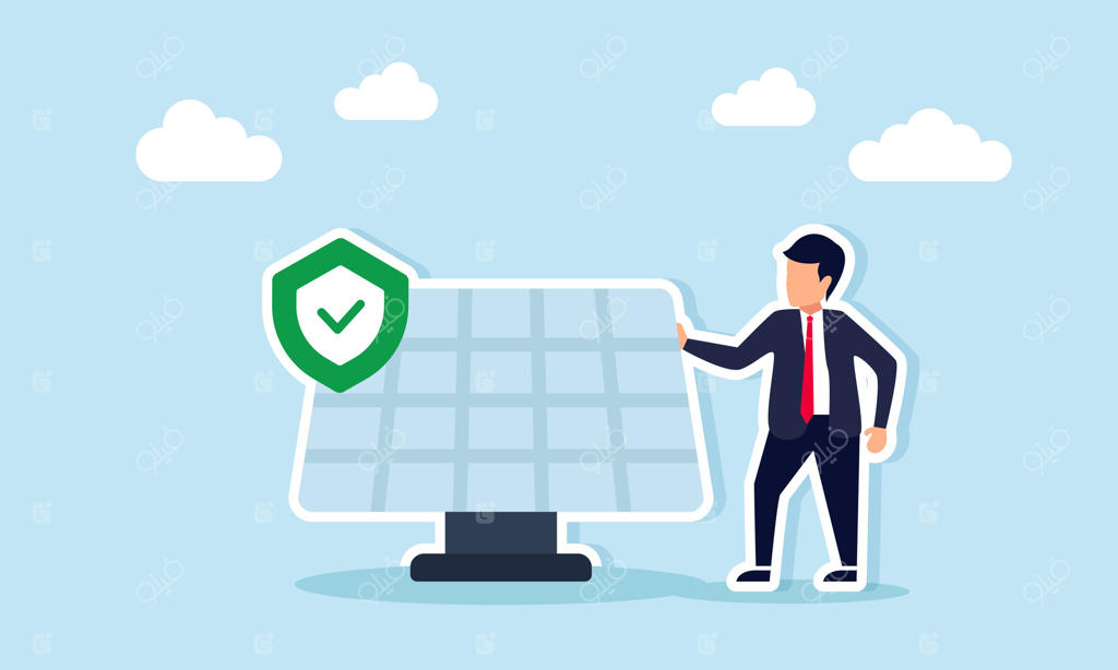 تصویر بازرگانی کنار پنل خورشیدی با نماد سپر و تیک: جایگزین قابل اعتماد انرژی تجدیدپذیر