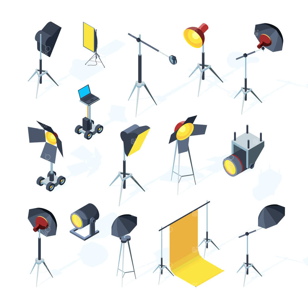 ابزارهای آتلیه عکاسی: تجهیزاتی برای تولید ویدئو یا تلویزیون، شامل چتر نورپردازی و سافت باکس.