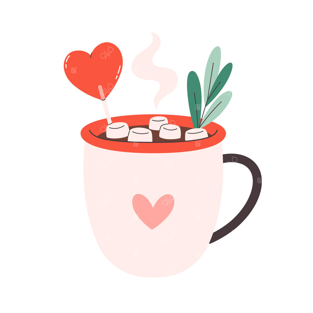 نوشیدنی‌های داغ زمستانی با ماگ‌های بامزه و مارشملو؛ قهوه خامه‌ای، هات چاکلت، کاکائوی داغ. مناسب برای جشن ولنتاین.