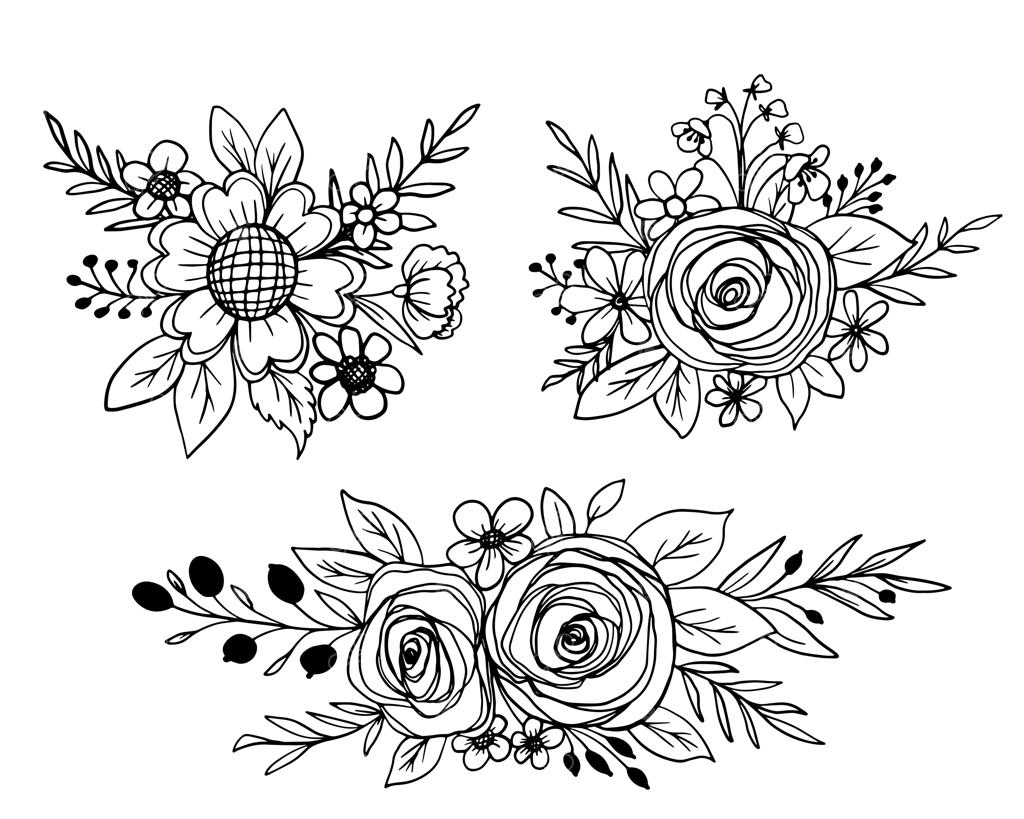 مجموعه‌ای از طرح‌های خطی گل‌ها و برگ‌های بهاری