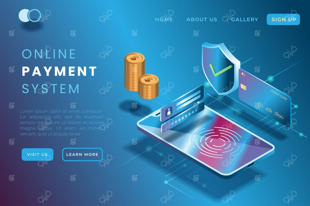 تصویرسازی پرداخت آنلاین با استفاده از گجت‌ها و کارت‌های اعتباری در حالت ایزومتریک سه‌بعدی