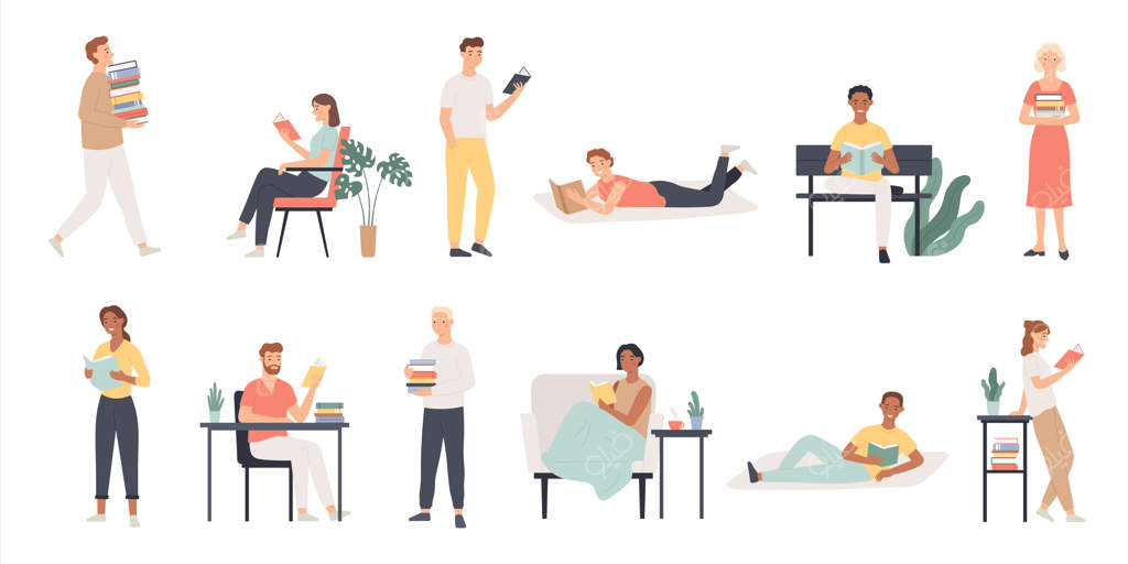 خوانندگان. مردان و زنان عاشق کتاب در کتابخانه می‌خوانند، روز جهانی کتاب. دانشجویان در حال آماده‌سازی برای امتحان‌ها، شخصیت‌های کارتونی آموزشی. مطالعه ادبیات دانشجویی، تصویرگری دانش‌آموز مطالعه‌گر