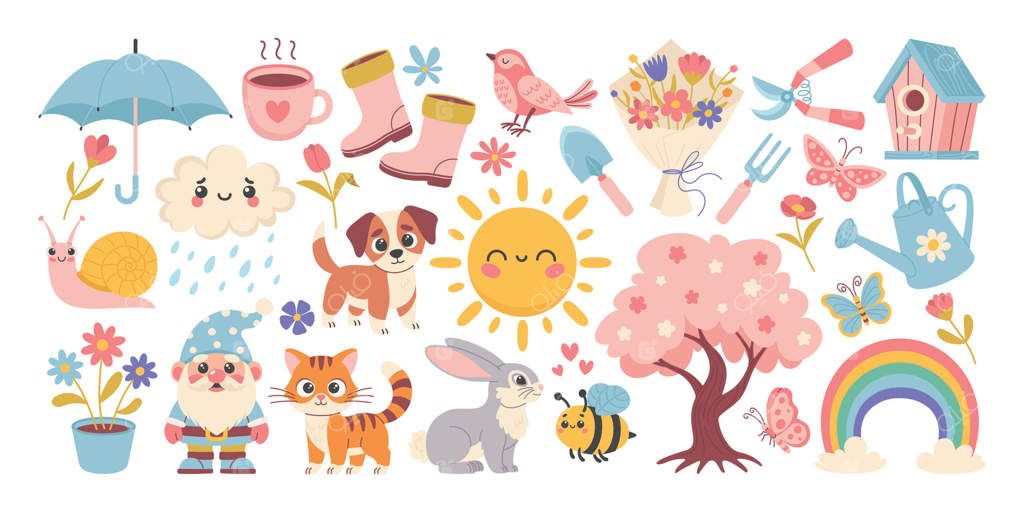 طرح‌های زیبا و بهاری با عناصر گل و باغچه، دست‌کشی شده برای پوسترها، کارت‌ها و برچسب‌ها