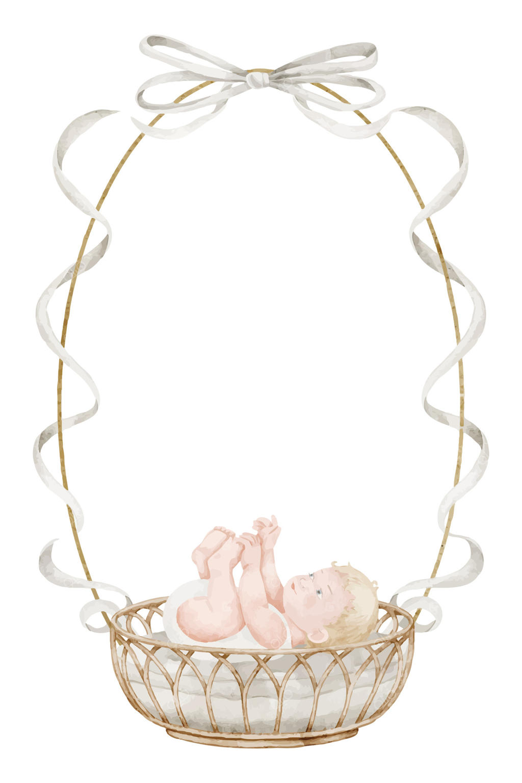 کارت آبرنگی نوزاد با تصویر کودک در سبد حصیری در قاب بیضی و روبان‌های سفید لطیف. طرحی برای دعوت‌نامه مهمانی بیبی‌شاور یا کارت تبریک تولد نوزاد. هنر با تصویر کودک.