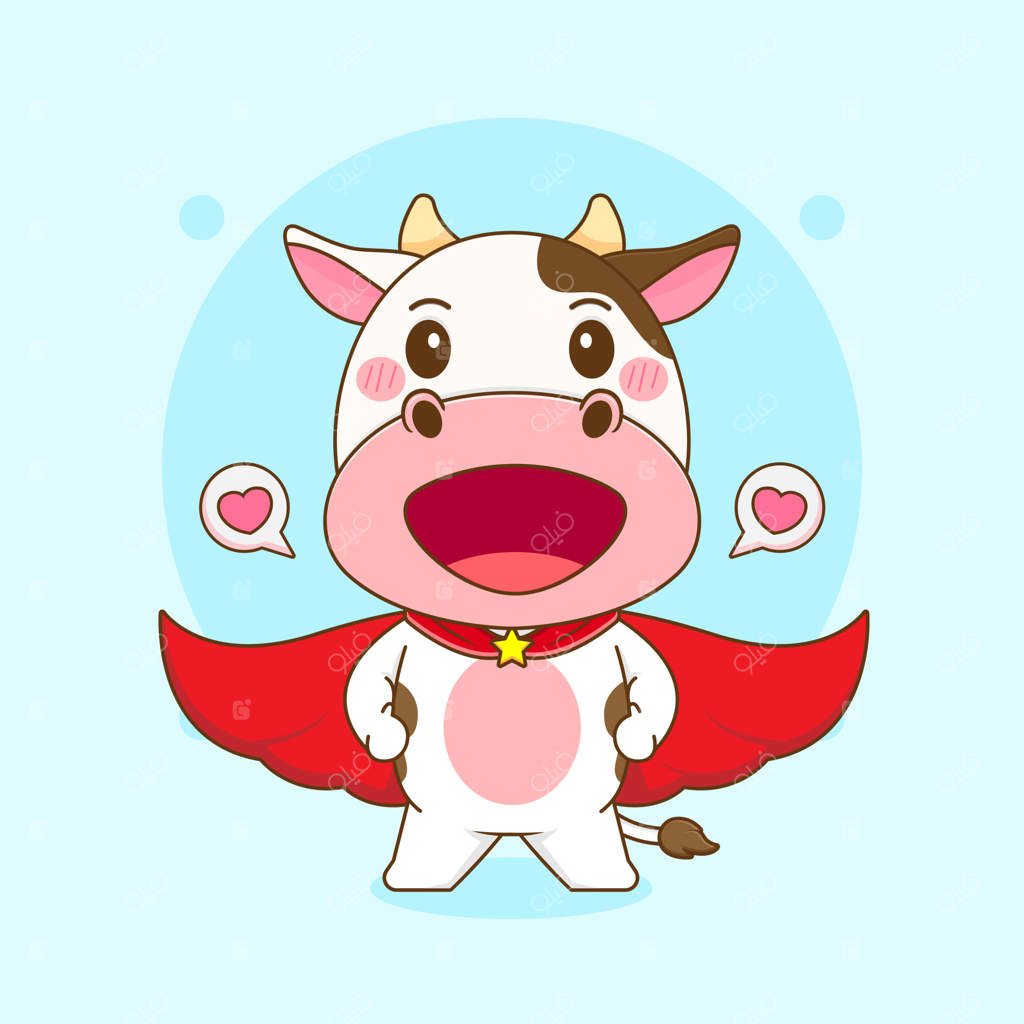 تصویر کارتونی گاو بامزه به عنوان شخصیت ابرقهرمان