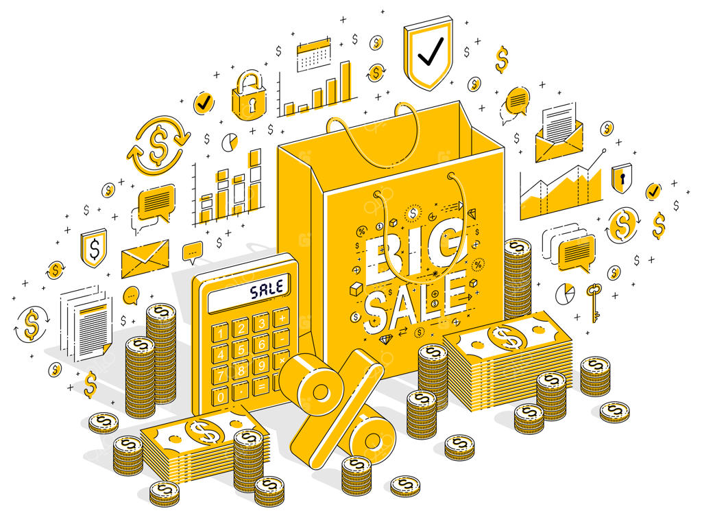 مفهوم حراج بزرگ: خرده‌فروشی، فروش ویژه و ساک خرید پر از پول نقد در پس‌زمینه‌ی سفید. تصویرسازی ایزومتریک سه‌بعدی با عناصر طراحی، آیکون‌ها و نمودارهای آماری.