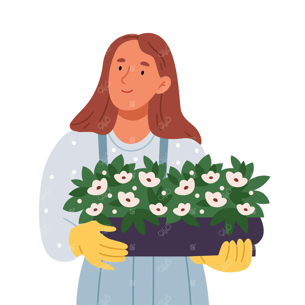 باغبان با دستکش، گلدانی از گل‌ها را در دست دارد. باغبانی. باغبان جوان در حال کار در فضای باز.