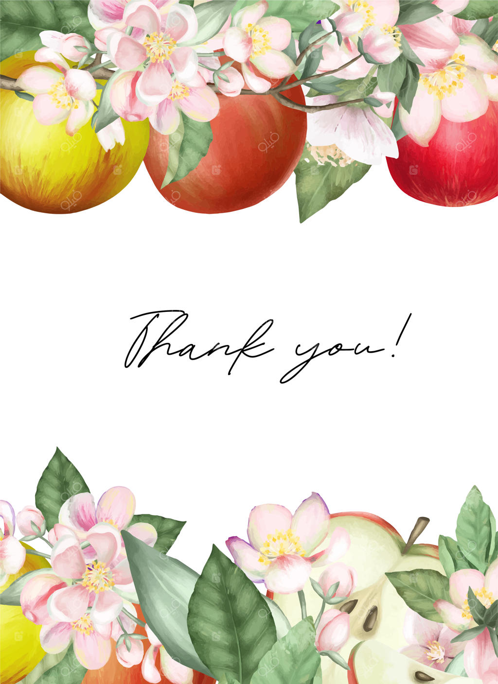 قالب کارت با طرحی از شاخه‌های درخت سیب شکوفه‌دار و سیب‌ها