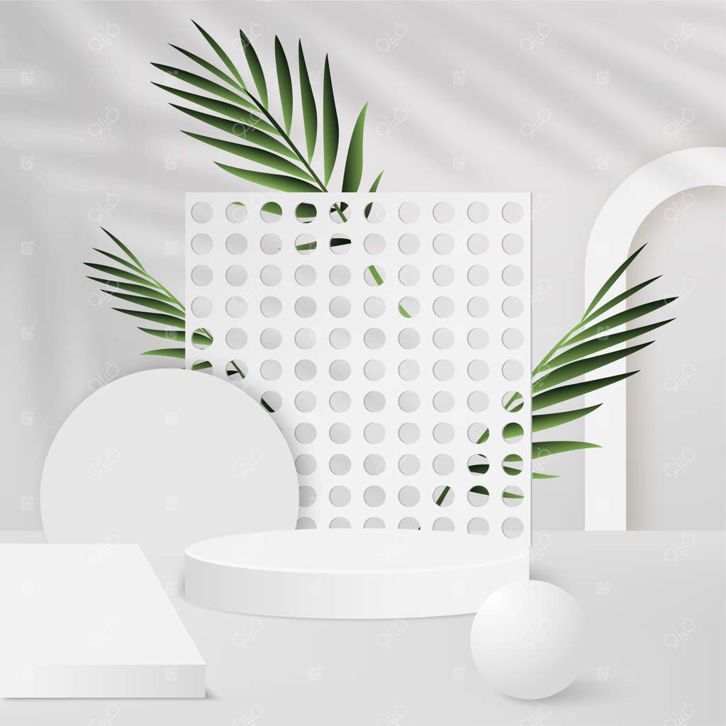 پس‌زمینه انتزاعی با سکوهای هندسی سه‌بعدی سفید. تصویر برداری.