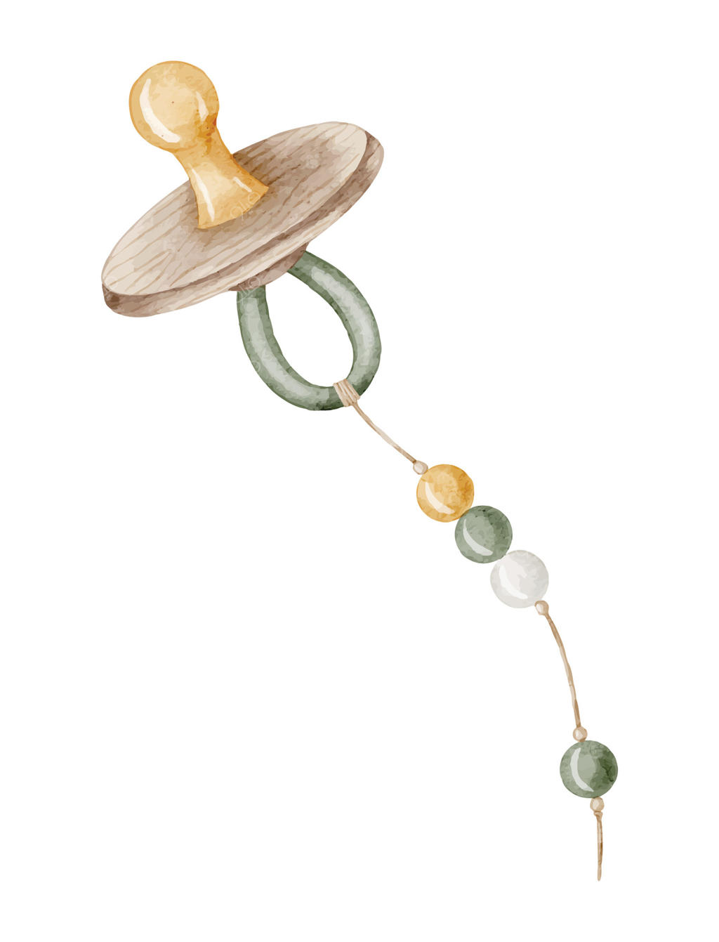 تصویر آبرنگی از پستانک بچه با دسته چوبی و گیره مهره‌ای. طراحی ملوس برای دعوت‌نامه‌ها یا کارت‌های تبریک کودکان. هنر پستانک در رنگ‌های ملایم و طبیعی برای طراحی نوزادان.