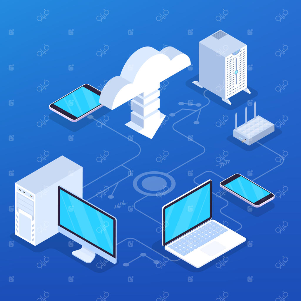 مفهوم سرویس ابری: فناوری دیجیتال و ذخیره‌سازی داده، اتصال به اینترنت و آپلود اطلاعات (تصویر ایزومتریک)