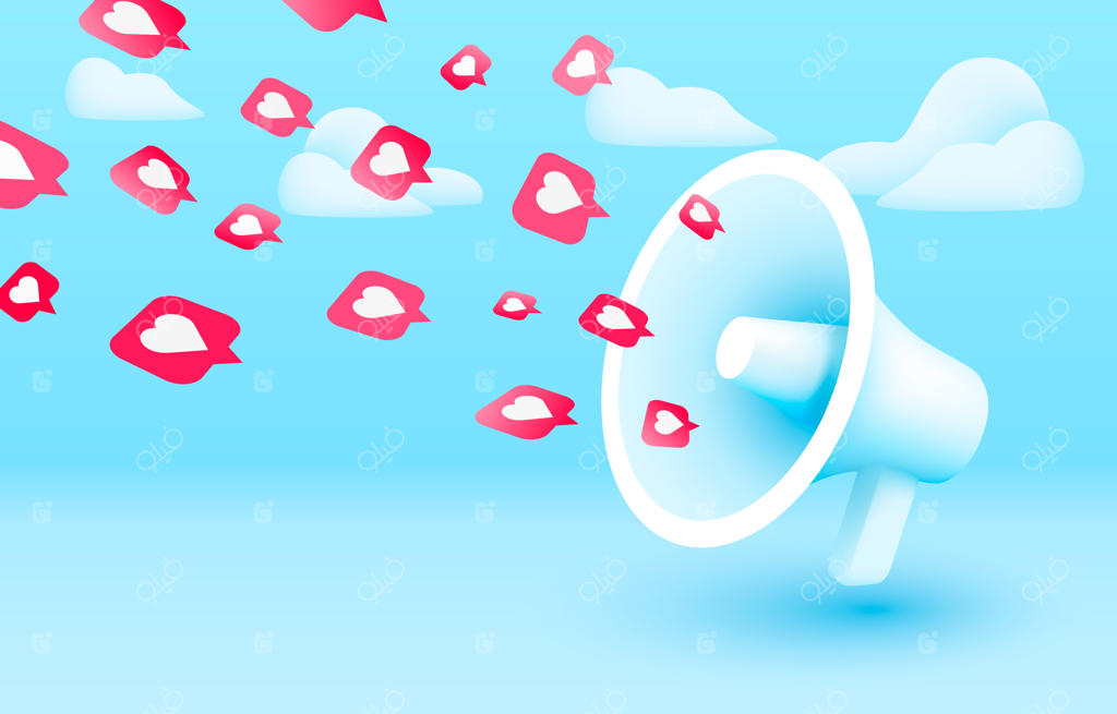 نمادهایی چون بلندگو در حال پرواز؛ شبکات اجتماعی برای ارتباطات انسان‌ها. تصویرسازی وکتوری.