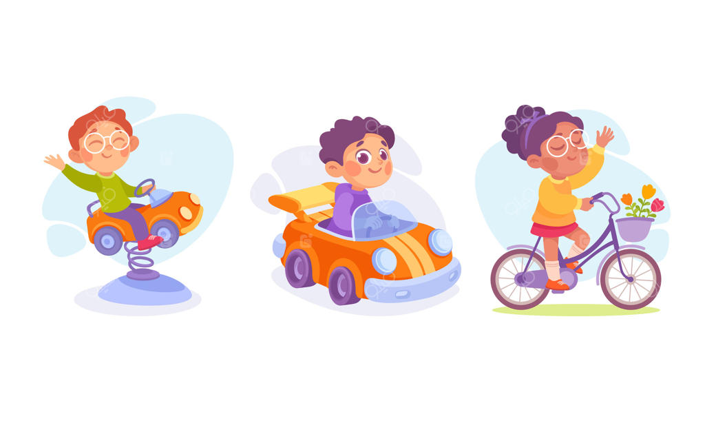 بچه‌ها در حال لذت بردن از بازی در فضای باز با ماشین‌ها و دوچرخه‌های رنگارنگ خود هستند.