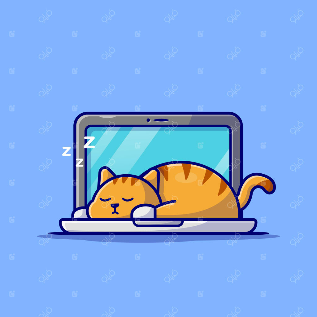 گربه ناز در حال خوابیدن روی لپتاپ همراه با فنجان قهوه - شخصیت کارتونی. فناوری حیوانات جدا از هم.