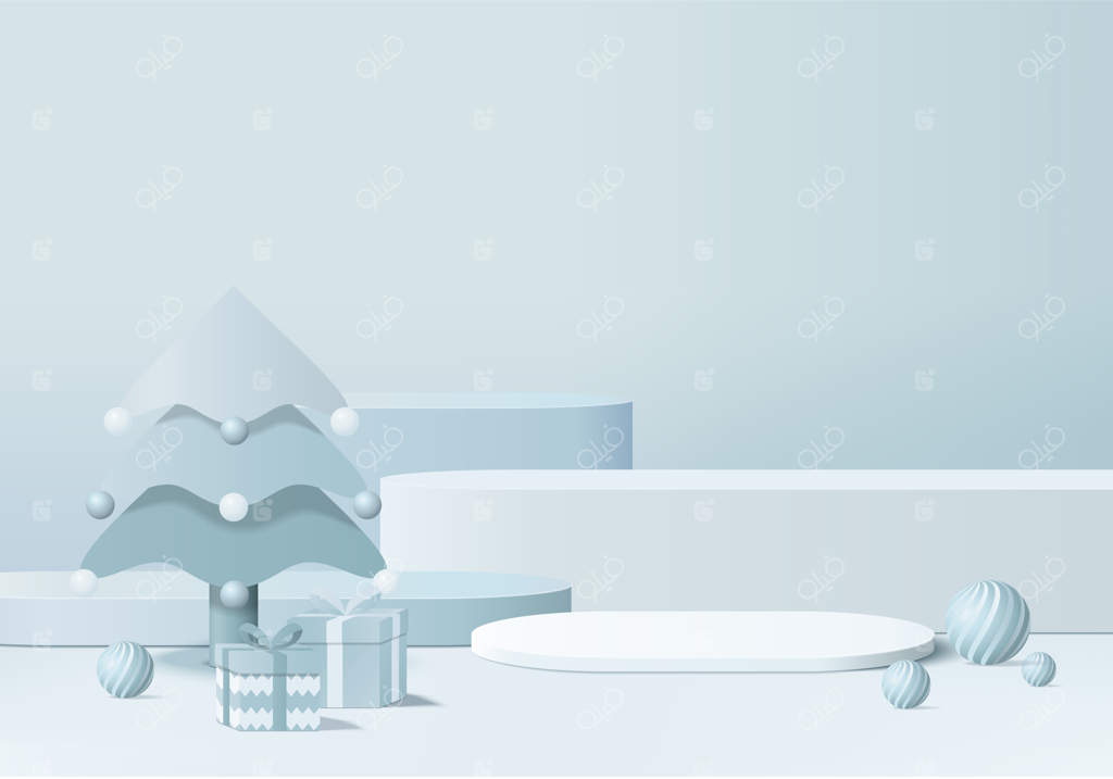 ًصحنه‌ سه‌بعدی مینیمال کریسمس همراه با جعبه کادو و سکو. پس‌زمینه درخت کریسمس با رندر سه‌بعدی و سکوی طلایی. استند نمایش محصولات. نمایش سه‌بعدی کریسمس بر روی سکوی آبی.