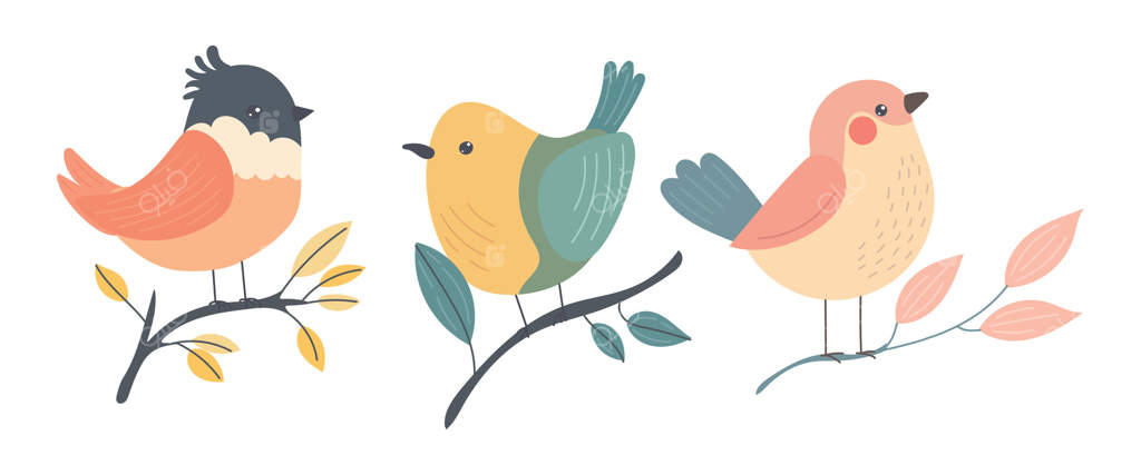 پرندگان شاداب و رنگارنگ نشسته بر شاخه‌های برگ‌دار، مناسب برای تم‌های حیات وحش جنگلی، کارت‌های تبریک بهاری، یا تزئینات دوستانه باغی