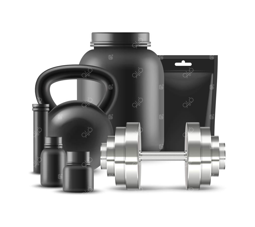 مجموعه‌ای از قالب‌های بسته‌بندی مکمل‌های ورزشی با پس‌زمینه سفید