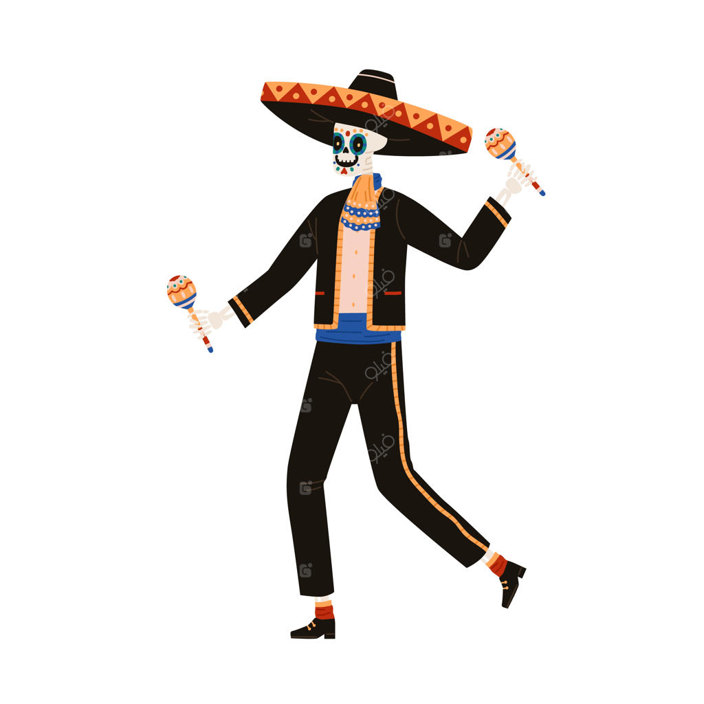 اسکلت شاد ماریاچی با کلاه سمبررو در حال نواختن ماراکاس برای روز مردگان در مکزیک. شخصیت جشن هالووین مکزیکی. تصویرسازی وکتور ساده و مناسب برای پس‌زمینه سفید