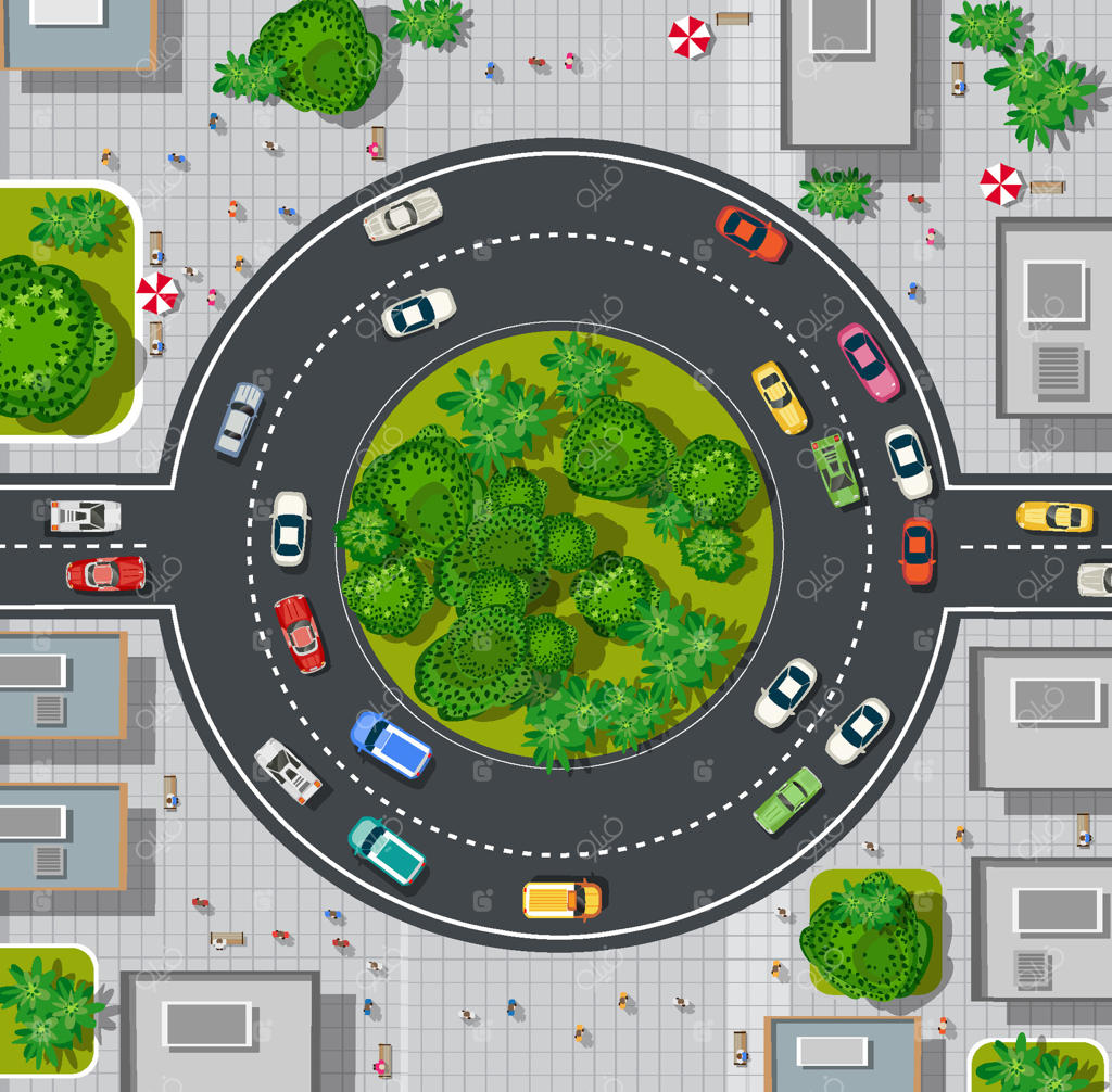 نمای بالای میدان با ماشین‌ها و درختان