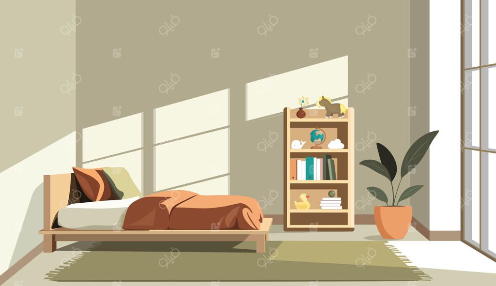 تصویری از طراحی داخلی اتاق کودک به سبک مینیمالیستی با نور طبیعی ملایم. طراحی تخت، رنگ‌های ملایم، خاکی، زیتونی.