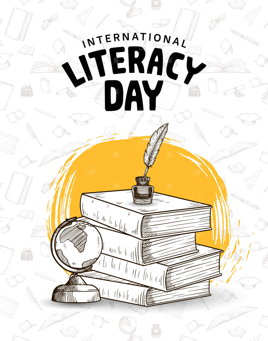 روز جهانی سوادآموزی با کتاب‌ها، قلم پر، جوهر، کره جغرافیایی و قلم‌موی زرد روی پس‌زمینه سفید