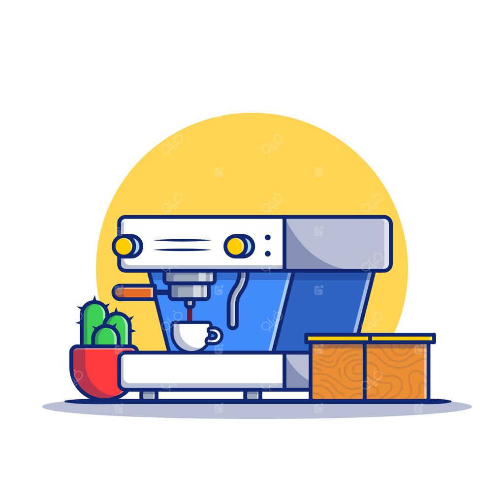 ایکن کارتونی دستگاه قهوه‌ساز، فنجان، کاکتوس و جعبه. مفهوم ایکن دستگاه قهوه‌ساز. سبک کارتونی و مجزا.