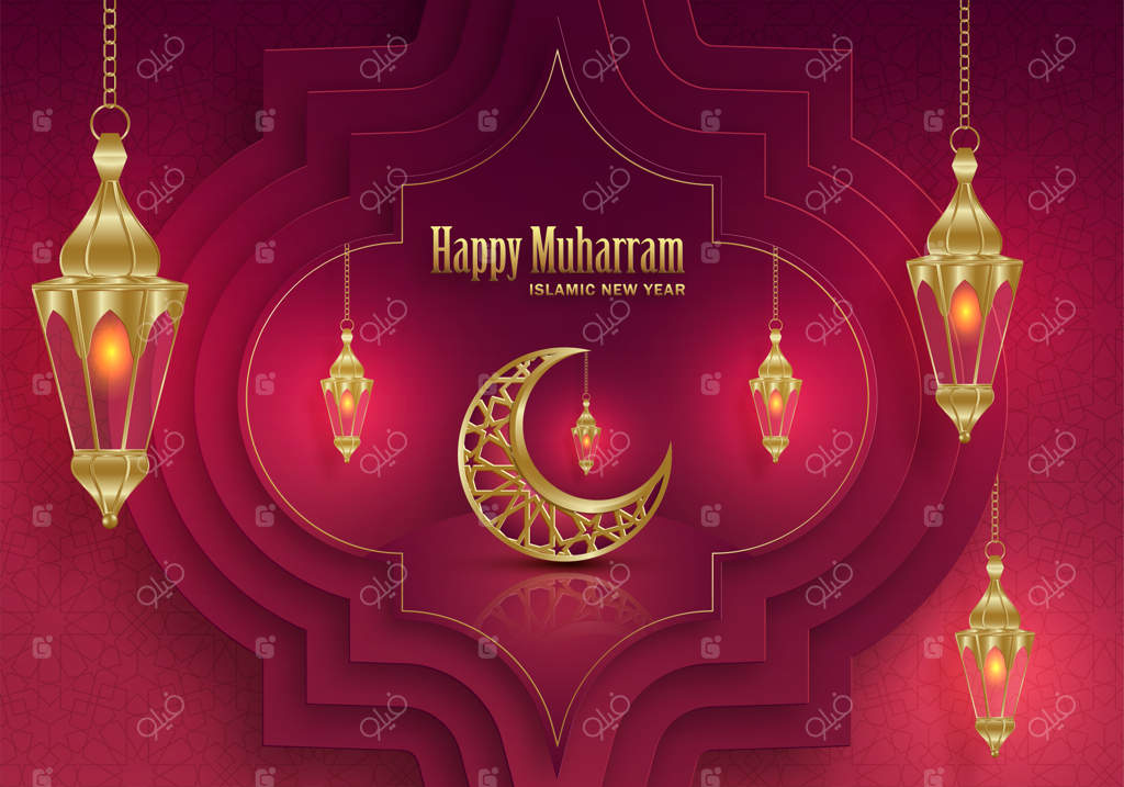 سال نو هجری و محرم مبارک: طراحی سال نو اسلامی با پترن طلایی روی زمینه رنگی