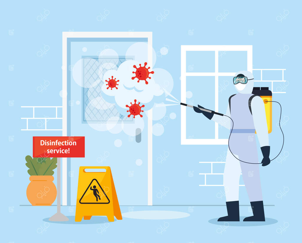 مردی با لباس محافظ در حال ضدعفونی کردن اتاق